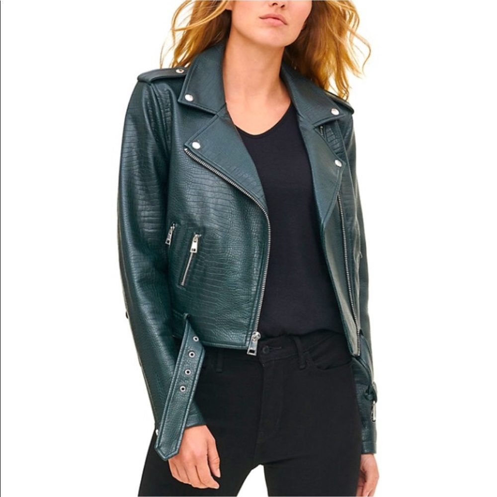 NWT Levi’s Forest Green Crocodile Faux Leather Moto Chunky Zipper Jacket Size XS
